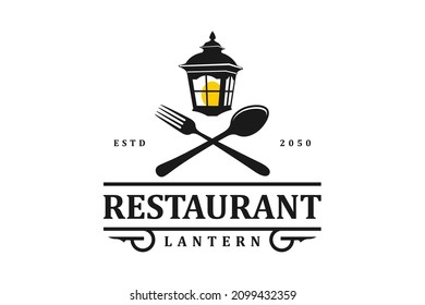 Lantern Post, Classic Street Lamp with Fork Restaurant Vintage Logo design vector