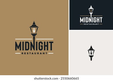 Lantern Post, Classic Street Lamp with Fork for Dinner Restaurant Vintage Logo design vector