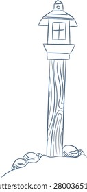 Lantern post with windowed box atop a tall wooden pole on a stony mound, hand drawn line sketch. Symbol of guidance, safety, and direction with beacon, pillar, and rocks. Cartoon vector illustration.