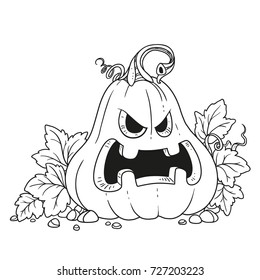 Lantern from pumpkin with the cut out of a grin outlined for coloring page