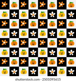 lantern pumpkin with flowers seamless pattern on black and white checkers table background for Halloween 