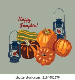 Lantern and pumpkins, Thanksgiving Day Concept. Vector design for paper, fabric and other surface