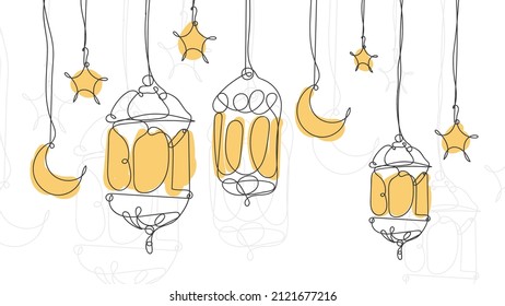 Lantern Ramadan Continuous Line Drawing Decorative Design On White Background