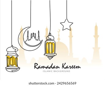 Lantern ramadan continuous line drawing decorative design on white background