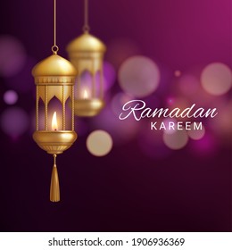 Lantern of Ramadan Kareem or Eid Mubarak realistic vector greeting card. Islam religion festival 3d gold lamp, fanous or fanoos light with burning fire flame and tassel on bokeh lights background