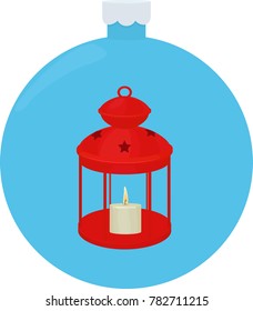 Lantern red color with candle made of wax, Christmas decoration