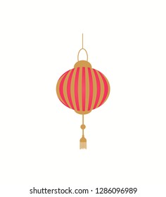 Lantern in red and gold colors, isolated vector icon. Hanging red lamp with golden stripes. Chinese decoration for New Year, holiday decorative element