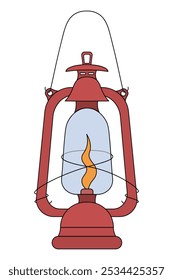 Laterne. Rote Kerosin-Lampe. Farbvektorgrafik. Cartoon-Stil. Einziger Hintergrund. Alte Lampe. Beleuchtungsvorrichtung mit Feuer im Inneren. 