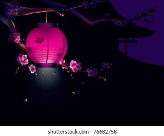 Lantern in Sakura bloom. The vector illustration of the paper lantern in a temple garden in Sakura blooming season.