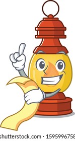 Lantern Scroll cartoon character holding menu ready to serve