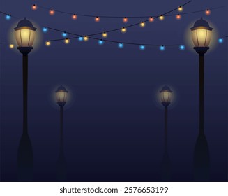 The lantern shines at night. The garland in the sky will light up. celebration and light. vector illustration in flat style.