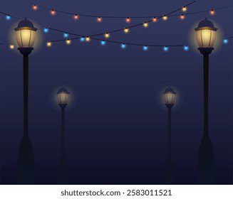 The lantern shines at night. The garland in the sky will light up. celebration and light. vector illustration in flat style.