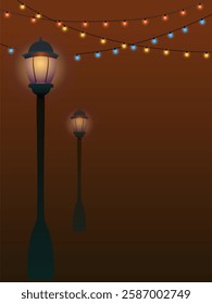 The lantern shines at night. The garland in the sky will light up. celebration and light. vector illustration in flat style.