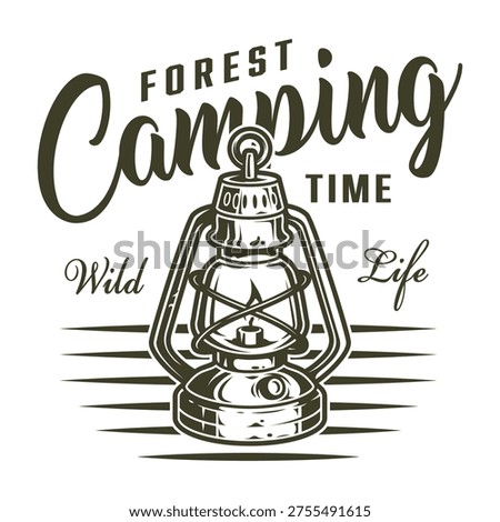 A lantern is shown with the text about camping in the forest. This scene captures the spirit of outdoor adventure and enjoying nature. It is perfect for camping lovers.