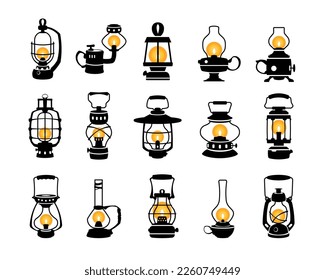 Lantern silhouette. Vintage black oil kerosene gas lamps, monochrome retro night light equipment with holder flat style. Vector collection of lantern kerosene illustration