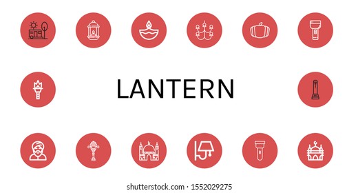 lantern simple icons set. Contains such icons as Camping, Lantern, Diwali, Chandelier, Pumpkin, Flashlight, Muslim, Street light, Mosque, can be used for web, mobile and logo