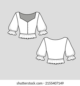 Lantern Sleeve crop top ruffles gathering sleeve hem button panel ruffles hem fashion neck cropped t shirt blouse  clothing flat sketch technical drawing template design