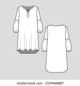 Lantern Sleeve dress Notch Neck  knot tie Gathering sleeve Fashion dresses design Technical drawing template