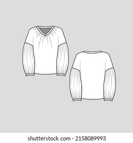 lantern sleeve Drop Shoulder top v neck gathering lantern long sleeve fashion blouse t shirt top flat sketch technical drawing template design vector