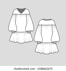 Lantern Sleeve juntando Ruffles Sweet Dress Side drop hombro V Cuello Largo globo Sleeve Cuchillas de la cinta de moda camiseta blusa superior Vestidos Diseño técnico de dibujo vectorial