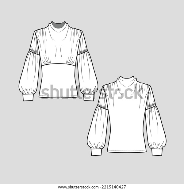 Lantern Sleeve High Cowl\
Neck top Gathering Fashion Flat Sketch Technical Drawing Template\
design vector