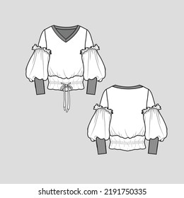 Lantern sleeve Knotted Sweatshirt Gathering Knot tie Long Balloon Sleeve with cuffs Fashion outline  flat sketch technical drawing
