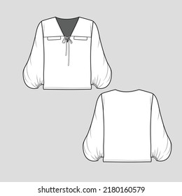 Lantern Sleeve Knotted top V neck Flap knot tie detail Lantern fashion t shirt top blouse flat sketch technical drawing template design vector