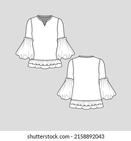 Lantern Sleeve Ruffles frill top notch neck ruffles flare hem fashion t shirt top blouse clothing flat sketch technical drawing template design vector