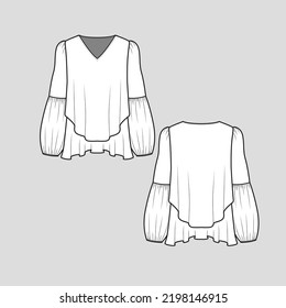 Lantern Sleeve Ruffles Top Layered Ruffles hem Long Balloon Sleeve  fashion Design  blouse Cad Technical Drawing Template  flat sketch Vector