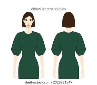 Lantern sleeves clothes character beautiful lady in emerald top, shirt, dress technical fashion illustration with elbow length. Flat apparel template front, back sides. Women, men unisex CAD mockup