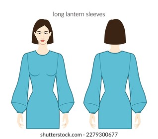 Lantern sleeves long length clothes character beautiful lady in blue top, shirt, dress technical fashion illustration, fitted body. Flat apparel template front, back sides. Women men unisex CAD mockup