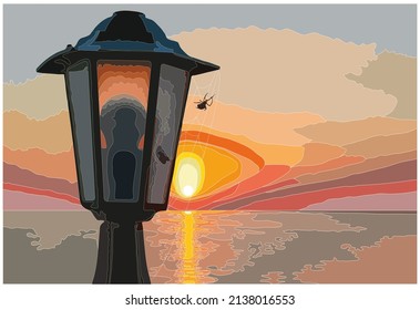 Lantern with spider on old pier. Sea and sky background, sunset or sunrise.