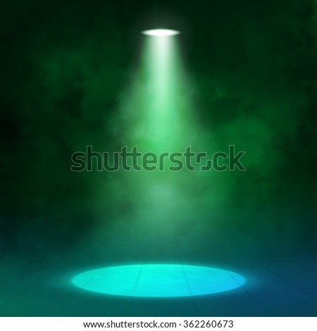 Lantern spotlight illuminates wooden scene stage. Green color. Vector decoration for disco club, theater