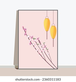 Lantern in spring wind when flower blooming. This design for greeting card, print, decorative. Simple style.