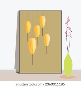 Lantern in spring wind when flower blooming. This design for greeting card, print, decorative. Simple style.