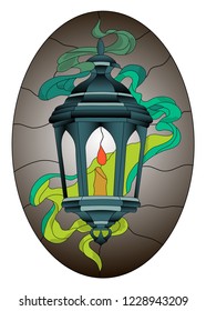 Lantern stained glass mosaic pattern with smoke and dark oval background
