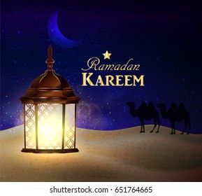 lantern stands in the desert at night sky with moon and camel silhouettes vector