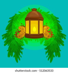 Lantern stands on the spruce branches and candle light shines warm on pine cones, vector illustration for a Merry Christmas and Happy New Year