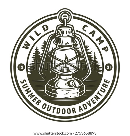 A lantern stands as a symbol for camping. Forests surround the area showing a summer outdoor scene. This setting encourages activities like hiking fishing and enjoying nature.