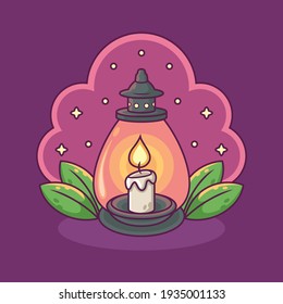 Lantern with Star Vector Icon Illustration. Ramadan Mascot Character. Isolated on Purple Background