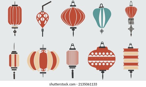 Lantern stickers collection set, cartoon style flat design Premium Vector