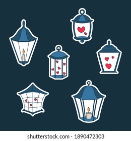 Lantern stickers icon set. Cute cartoon lanterns with candle and hearts. 
