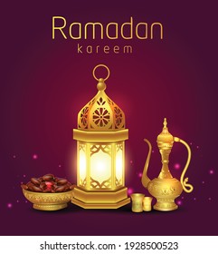 Lantern, tea pot and dates palm fruit put on golden tray. Ramadan Kareem or Eid Mubarak Design Background.	

