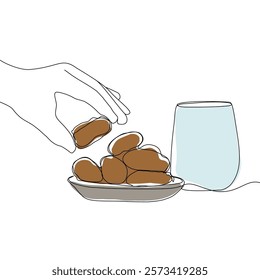Lantern, teapot, cup and fast breaking dish for iftar with ramadan kareem in one single continuous line drawing style. Ramadan kareem concept.
