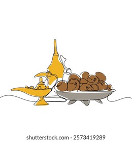 Lantern, teapot, cup and fast breaking dish for iftar with ramadan kareem in one single continuous line drawing style. Ramadan kareem concept.