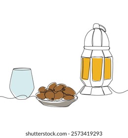 Lantern, teapot, cup and fast breaking dish for iftar with ramadan kareem in one single continuous line drawing style. Ramadan kareem concept.