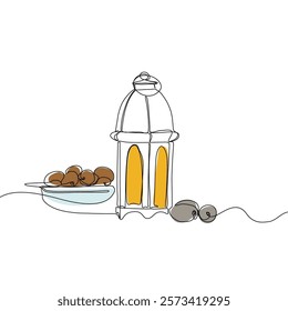 Lantern, teapot, cup and fast breaking dish for iftar with ramadan kareem in one single continuous line drawing style. Ramadan kareem concept.