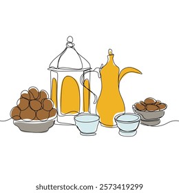 Lantern, teapot, cup and fast breaking dish for iftar with ramadan kareem in one single continuous line drawing style. Ramadan kareem concept.