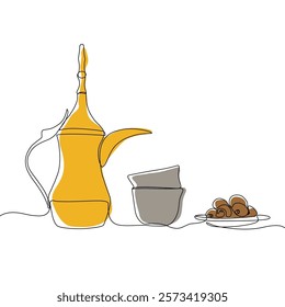 Lantern, teapot, cup and fast breaking dish for iftar with ramadan kareem in one single continuous line drawing style. Ramadan kareem concept.