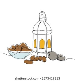 Lantern, teapot, cup and fast breaking dish for iftar with ramadan kareem in one single continuous line drawing style. Ramadan kareem concept.